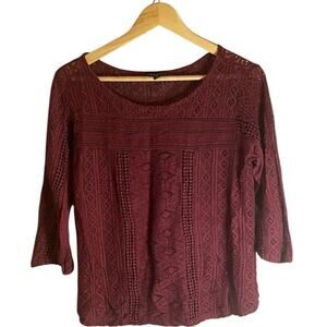 Lucky Brand Dark Red Crocheted 3/4 Sleeve Boho Blouse Top Size M